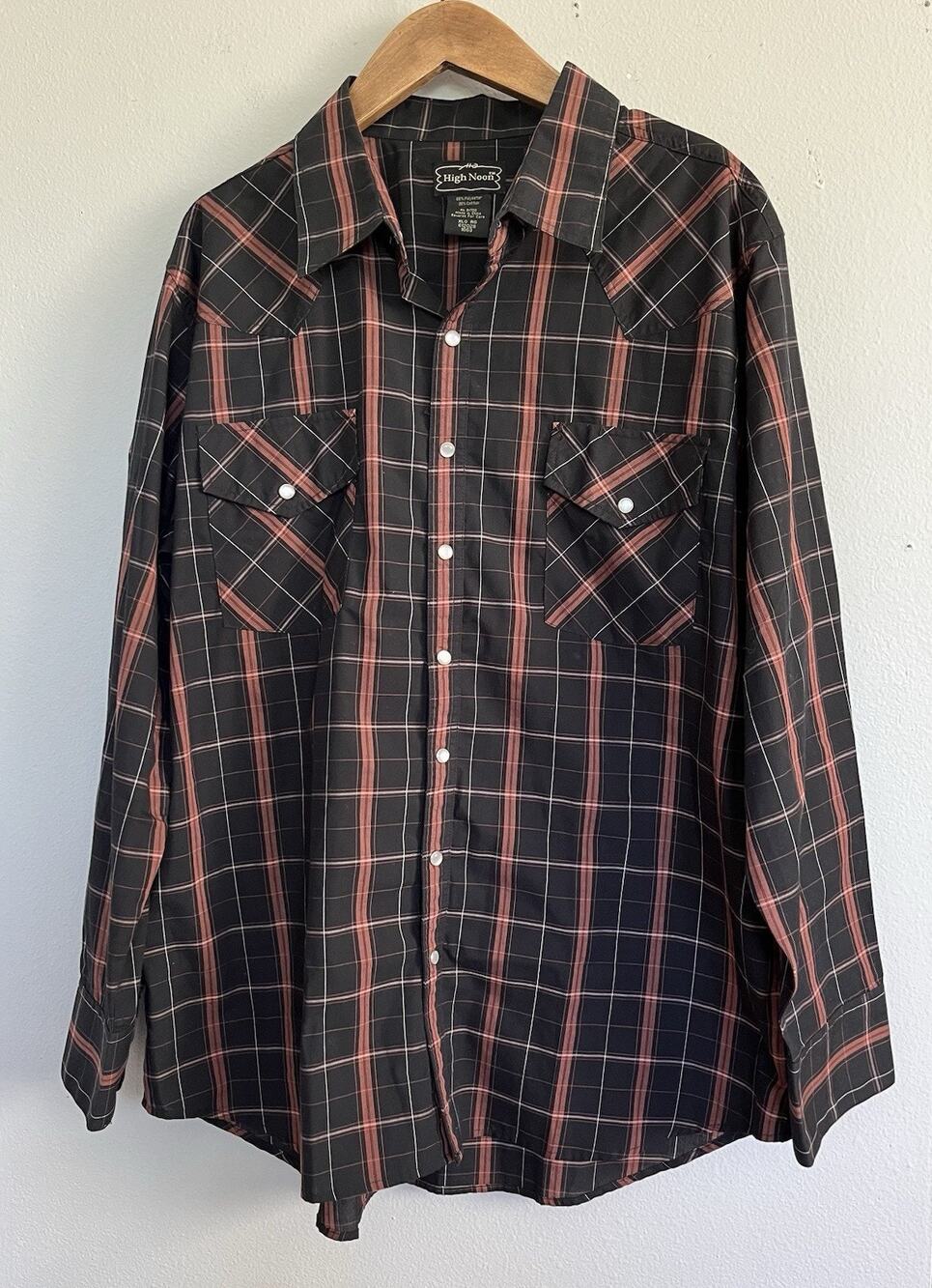 High Noon Western Shirt Mens XL Black Copper Plaid Pearl Snap Cowboy Ranch Rodeo